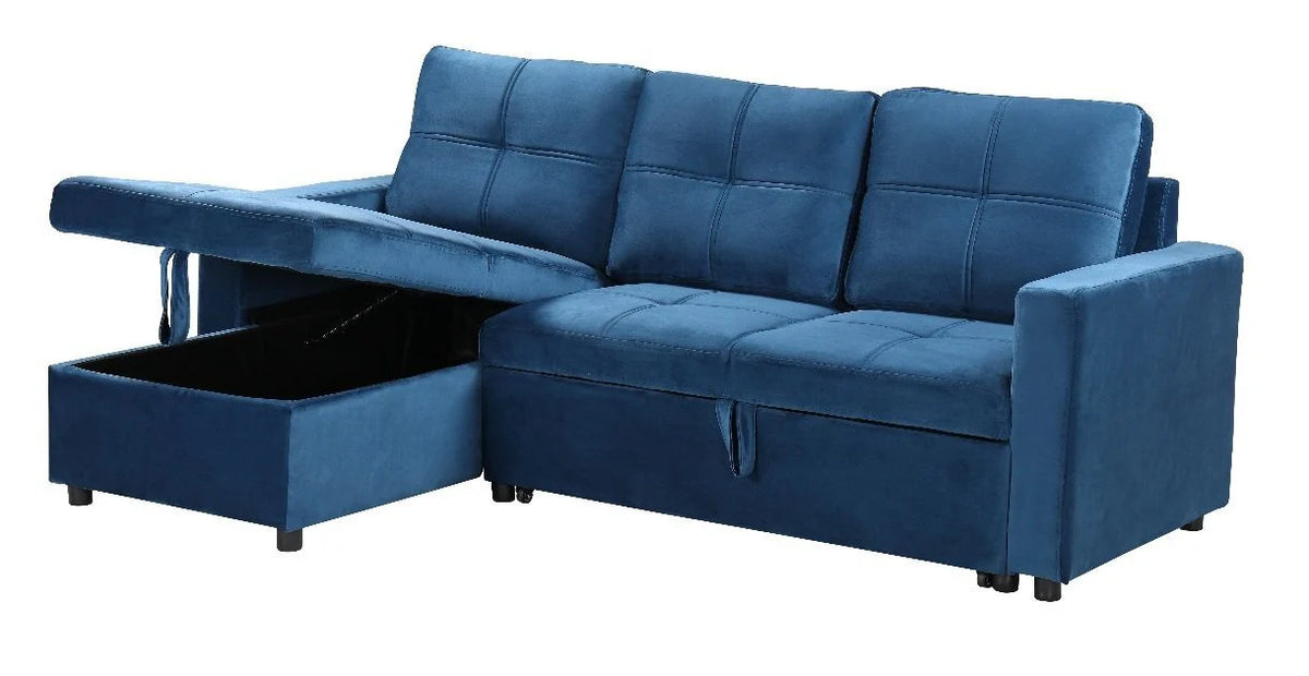 Sofá cama Pau azul con el arcón de la chaise longue abierto