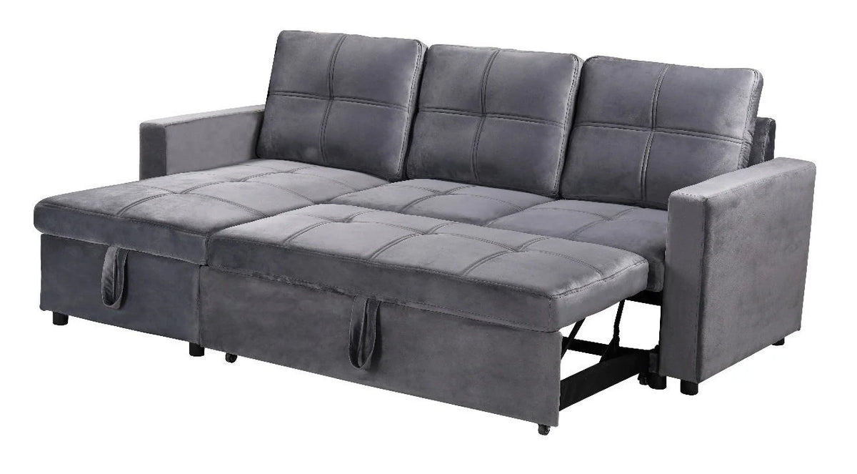 Sofá Pau gris convertido en cama sobre fondo blanco