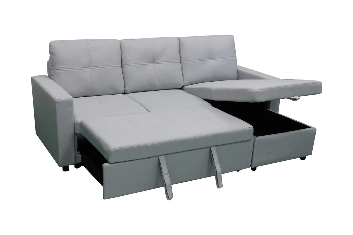 Sofá cama Pau gris con cama extendida y arcón abierto