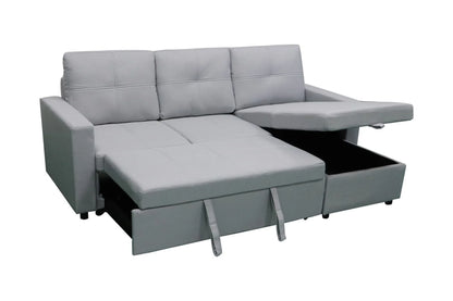 Sofá cama Pau gris con cama extendida y arcón abierto
