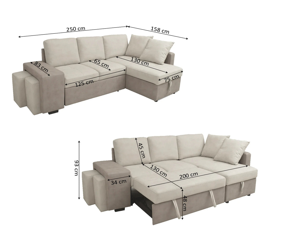 Esquema de medidas del sofá de 250 cm y su función cama