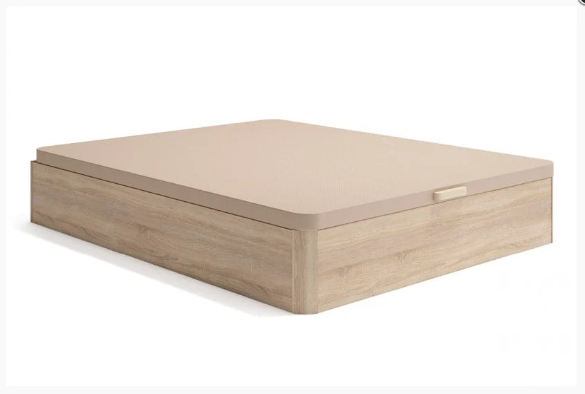 Canapé en acabado madera con tapa tapizada cerrada sobre fondo blanco