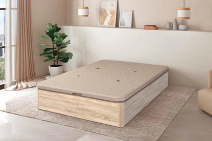 Canapé abatible en acabado madera con tapa cerrada en un dormitorio