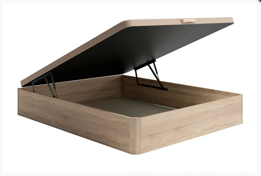 Canapé en acabado madera con tapa elevada y arcón abierto