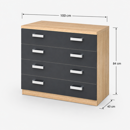 Medidas de cómoda de cuatro cajones: 100 cm de ancho, 40 cm de fondo y 84 cm de alto