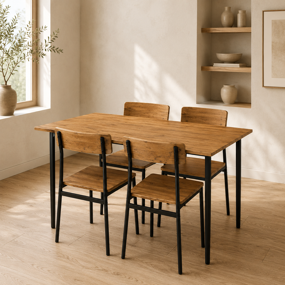 Conjunto de comedor con mesa efecto madera y cuatro sillas en ambiente cálido