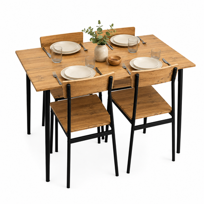 Conjunto de comedor para cuatro personas con mesa preparada