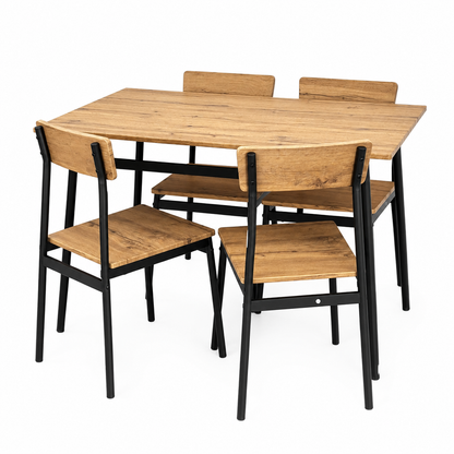 Vista frontal del conjunto de mesa de comedor y cuatro sillas