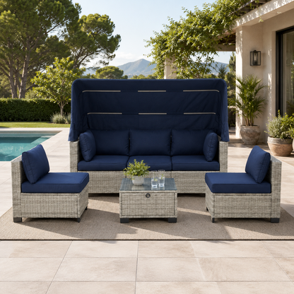 Conjunto de jardín Erommy en ratán gris con cojines azules, sofá con dosel, dos sillones y mesa