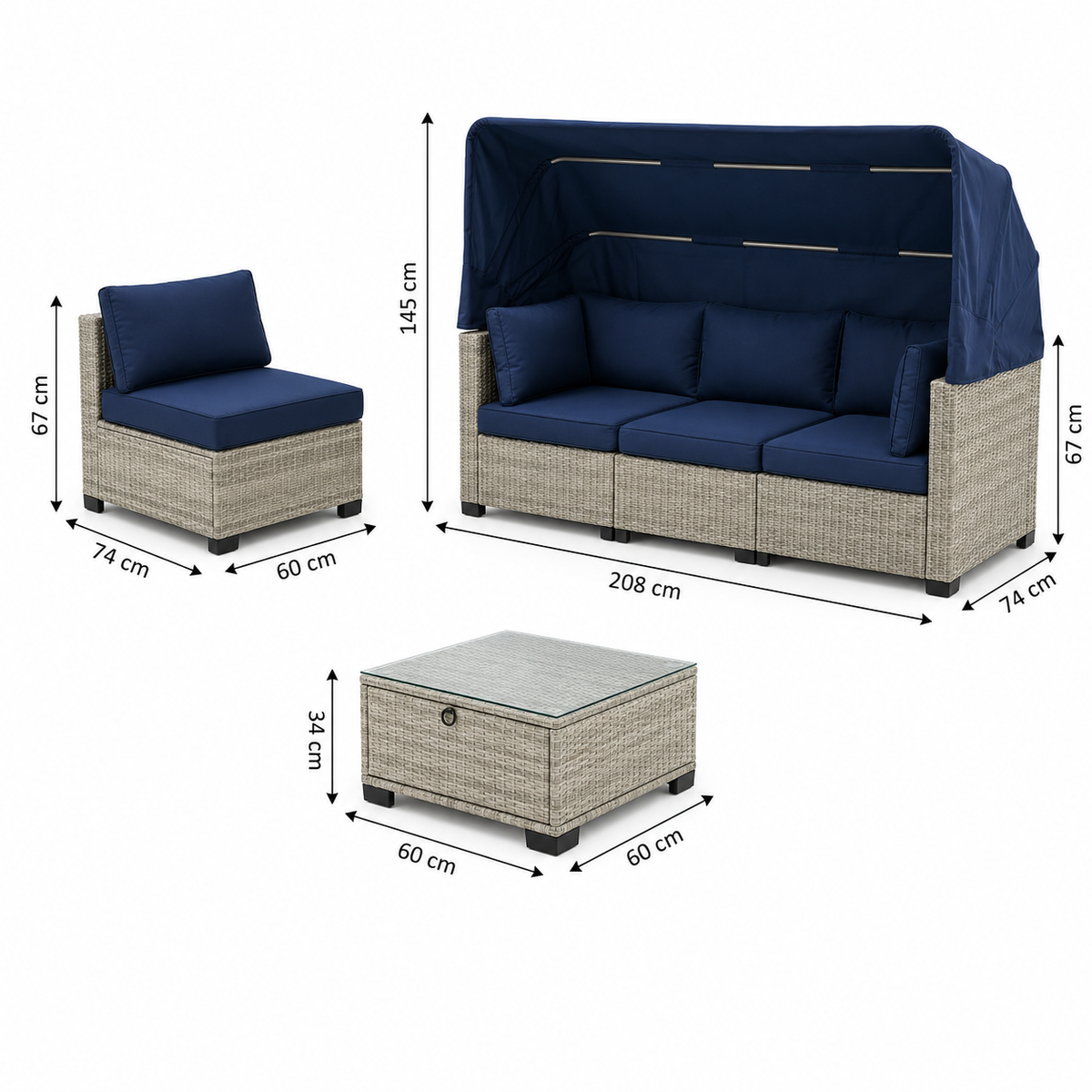 Medidas del conjunto Erommy: sofá de 208 cm, sillones de 60 cm y mesa de 60 por 60 cm