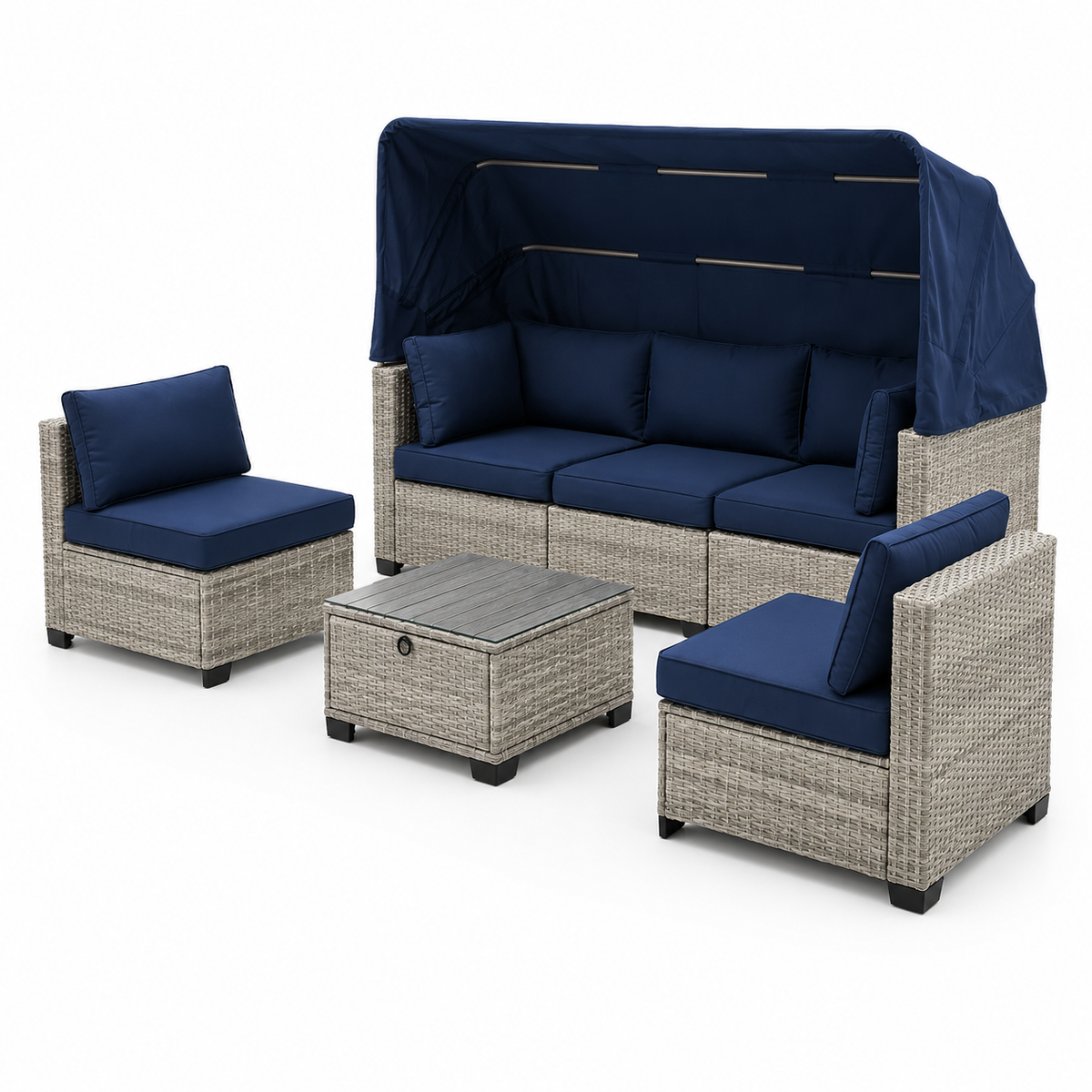 Vista en perspectiva del conjunto Erommy con sofá de tres plazas, dos sillones y mesa