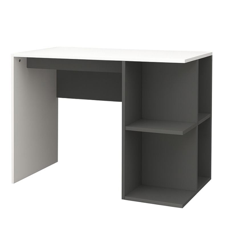 Escritorio con estantes laterales · Blanco y gris oscuro
