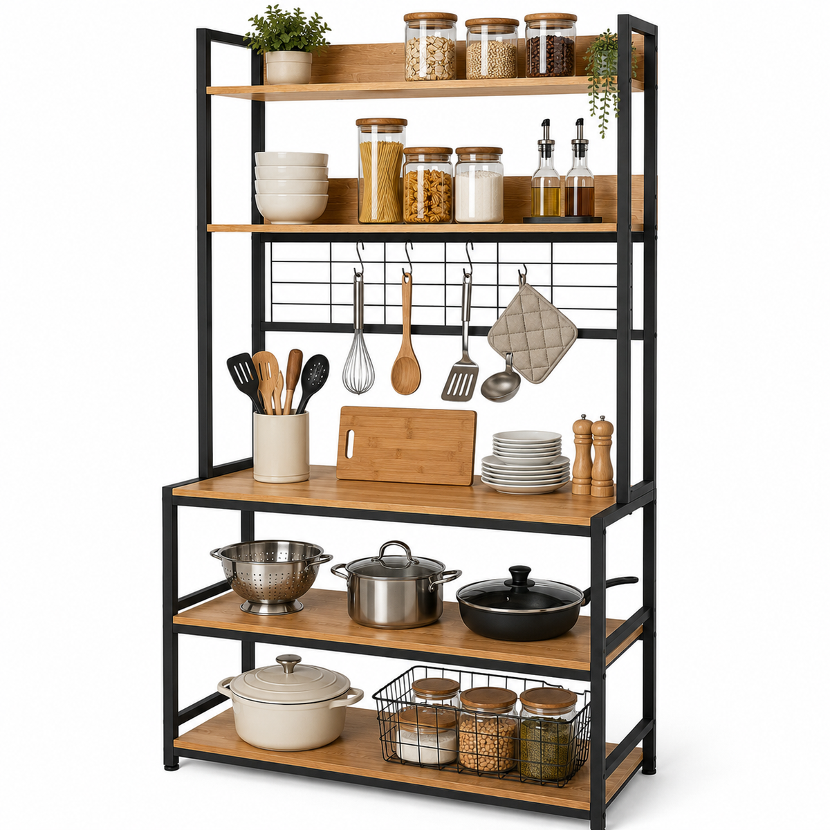 Estantería con rejilla equipada con utensilios de cocina