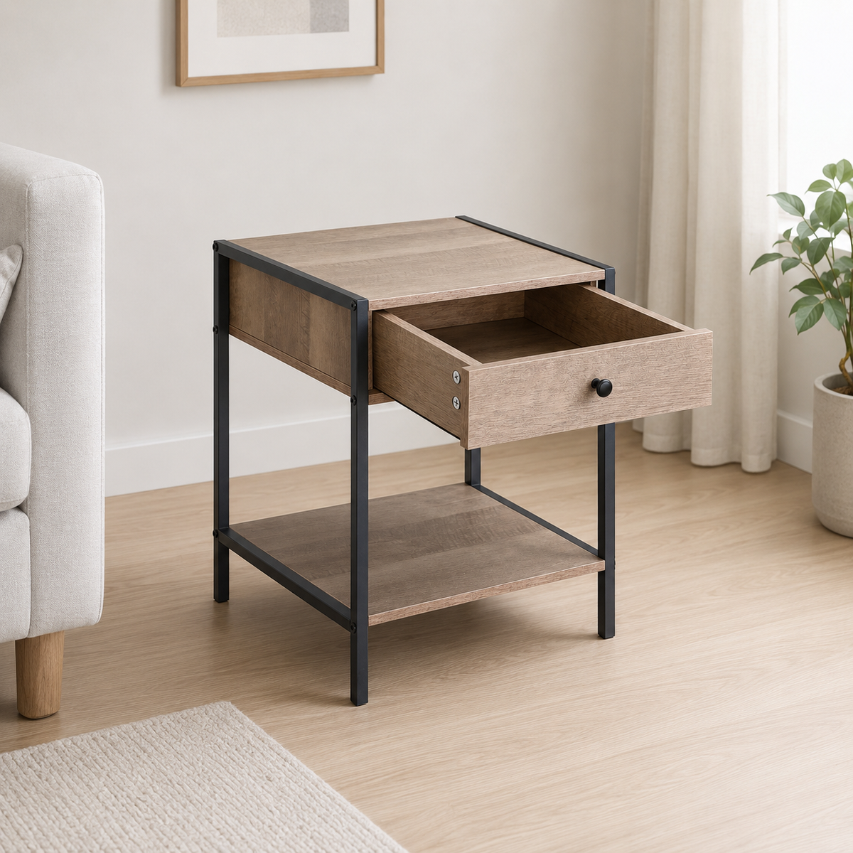 Mesita de noche industrial con el cajón abierto