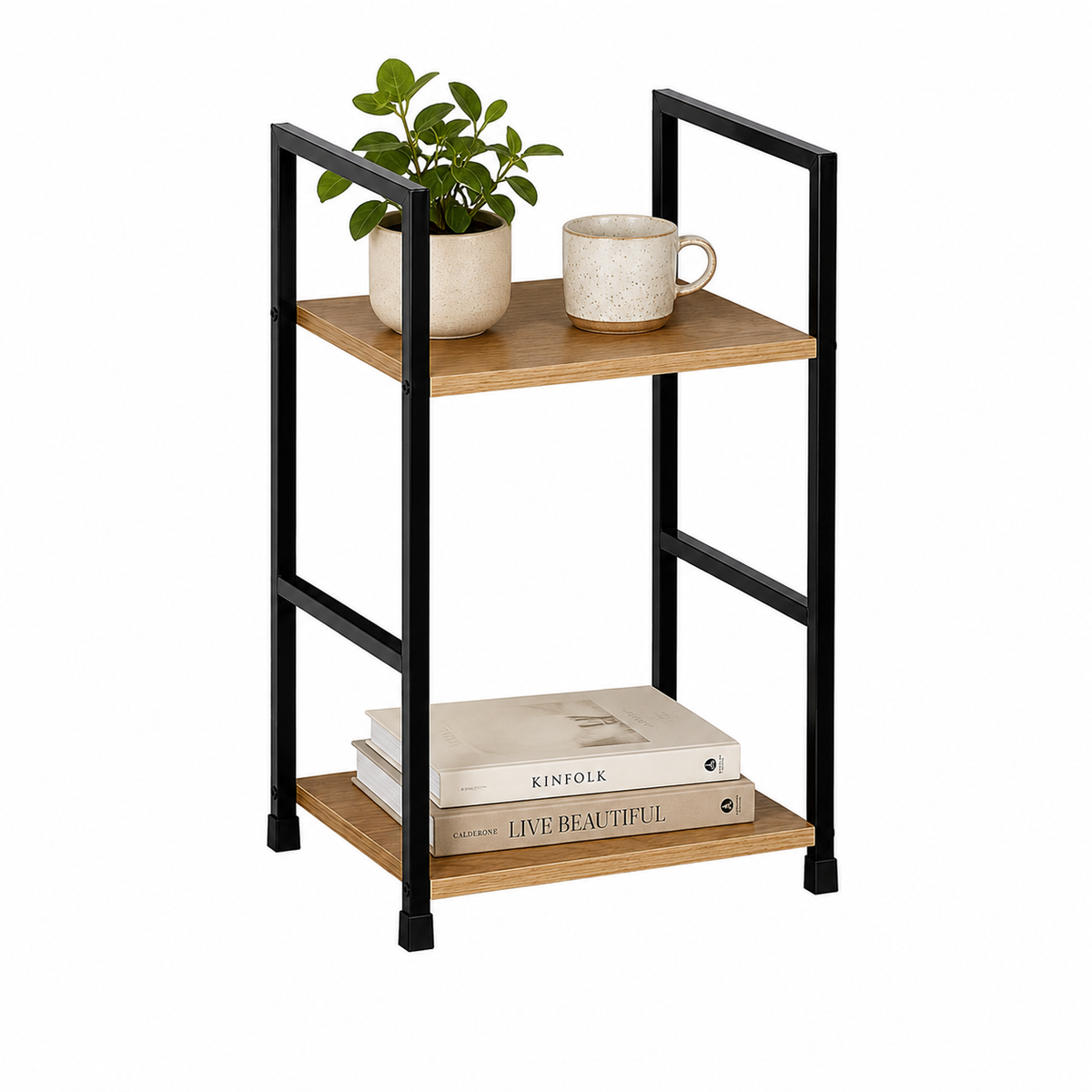 Mesita auxiliar industrial de 48 cm con libros y decoración