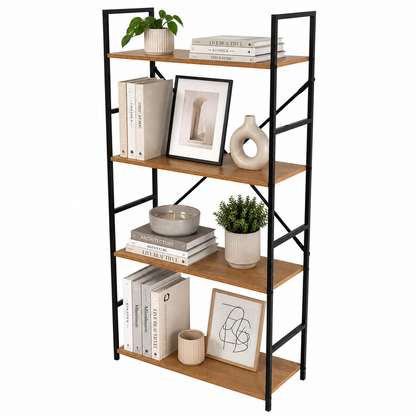 Estantería industrial de 112 cm con libros y decoración en cuatro niveles
