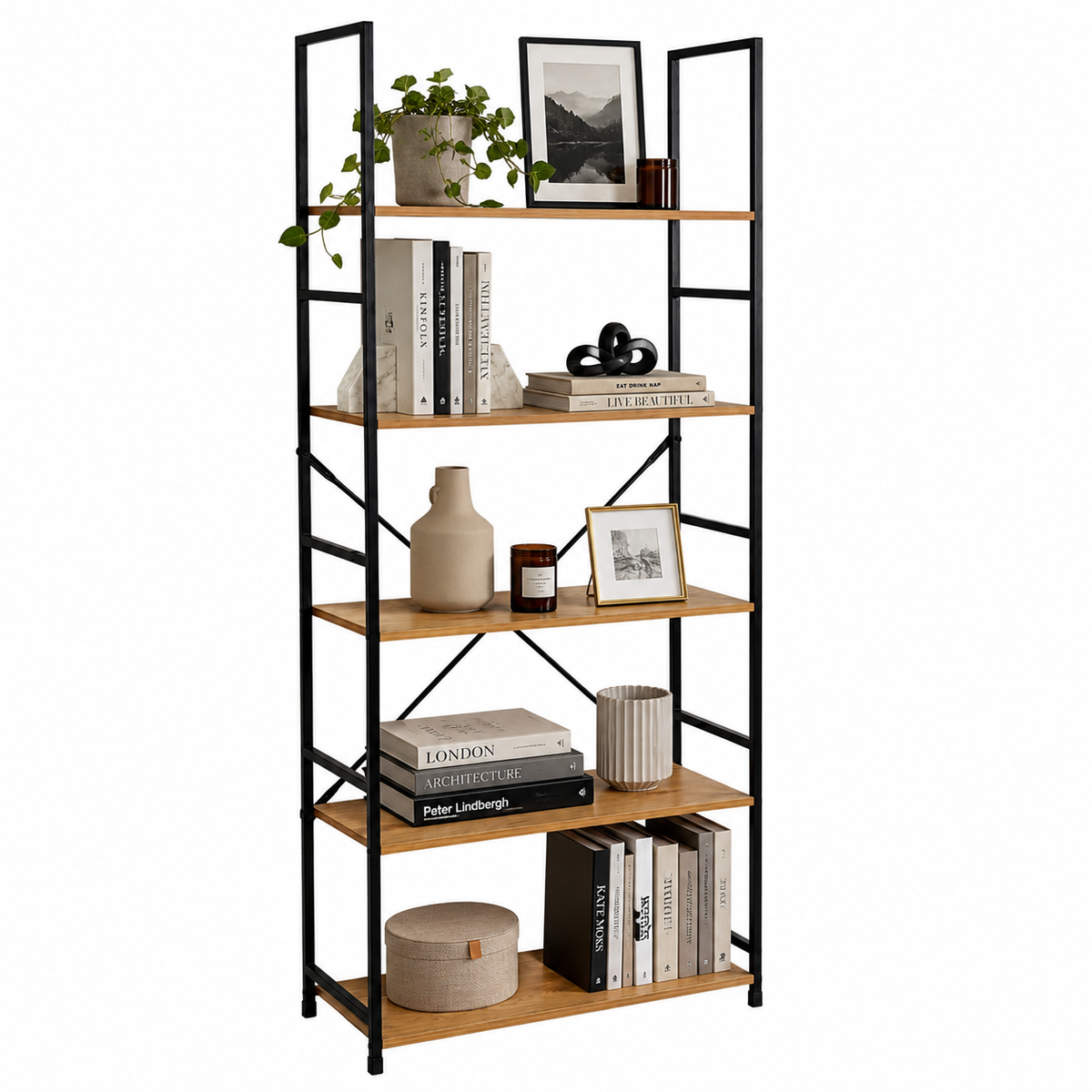 Estantería industrial de 144 cm con libros y decoración en cinco niveles