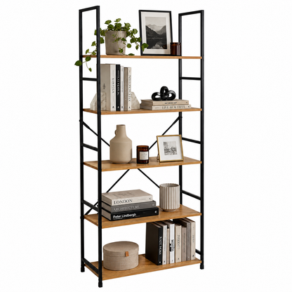 Estantería industrial de 144 cm con libros y decoración en cinco niveles