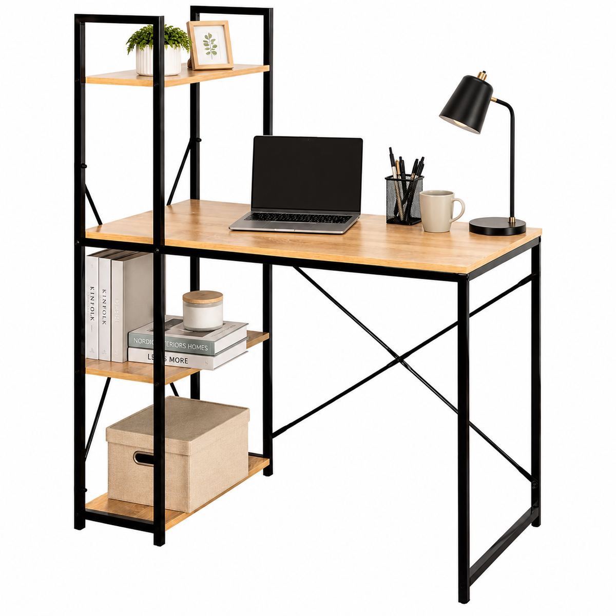 Escritorio industrial de 120 cm con ordenador y material de trabajo