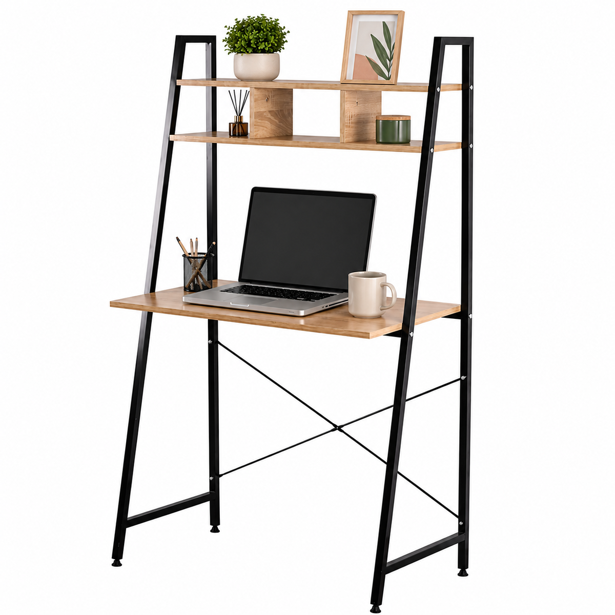 Escritorio con estantería integrada de 84 cm con ordenador y accesorios