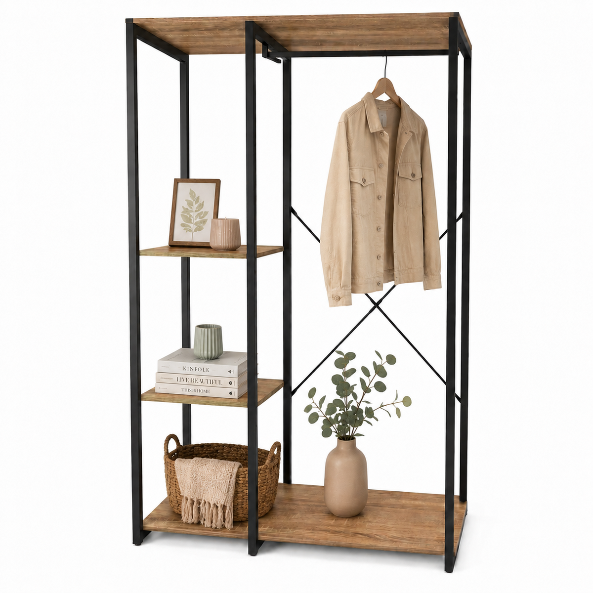 Vestidor abierto de 90 cm con ropa y accesorios en los estantes