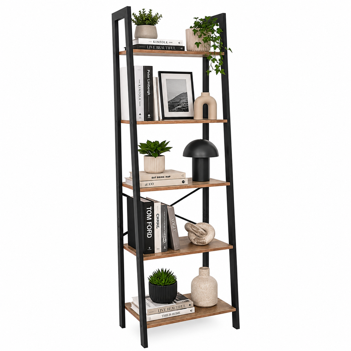 Estantería escalera de 172 cm con libros y decoración