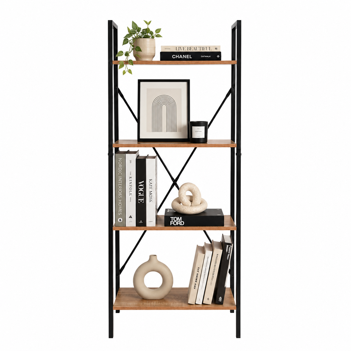 Estantería industrial de 148 cm con libros y decoración