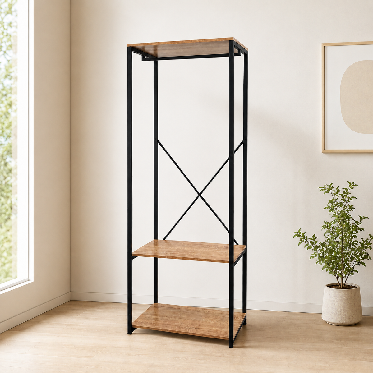 Perchero industrial con dos estantes · 60 cm