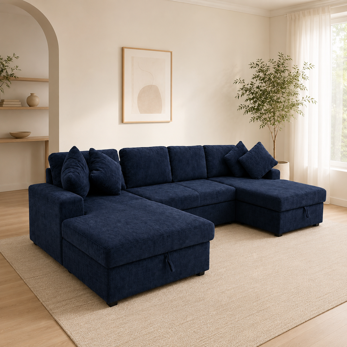 Sofá cama Castle azul marino con doble chaise longue y arcón