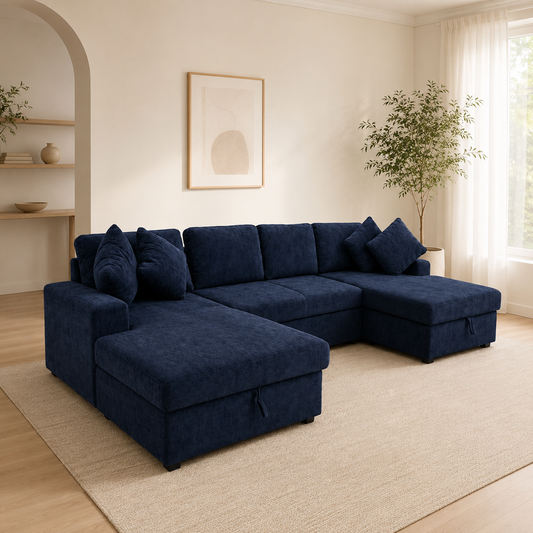 Sofá cama Castle azul marino con doble chaise longue y arcón