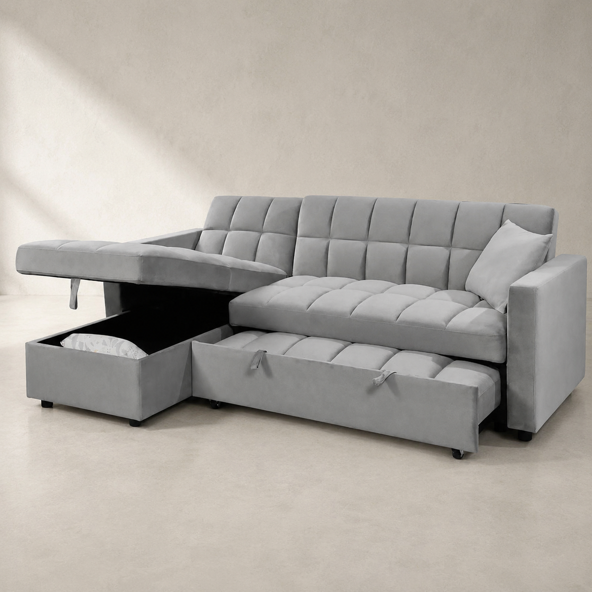 Sofá Kris gris mostrando arcón de almacenaje y cama extraíble