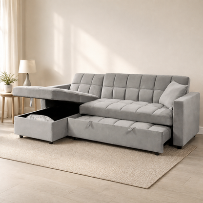 Sofá cama Kris gris con arcón y cama extraíble abiertos