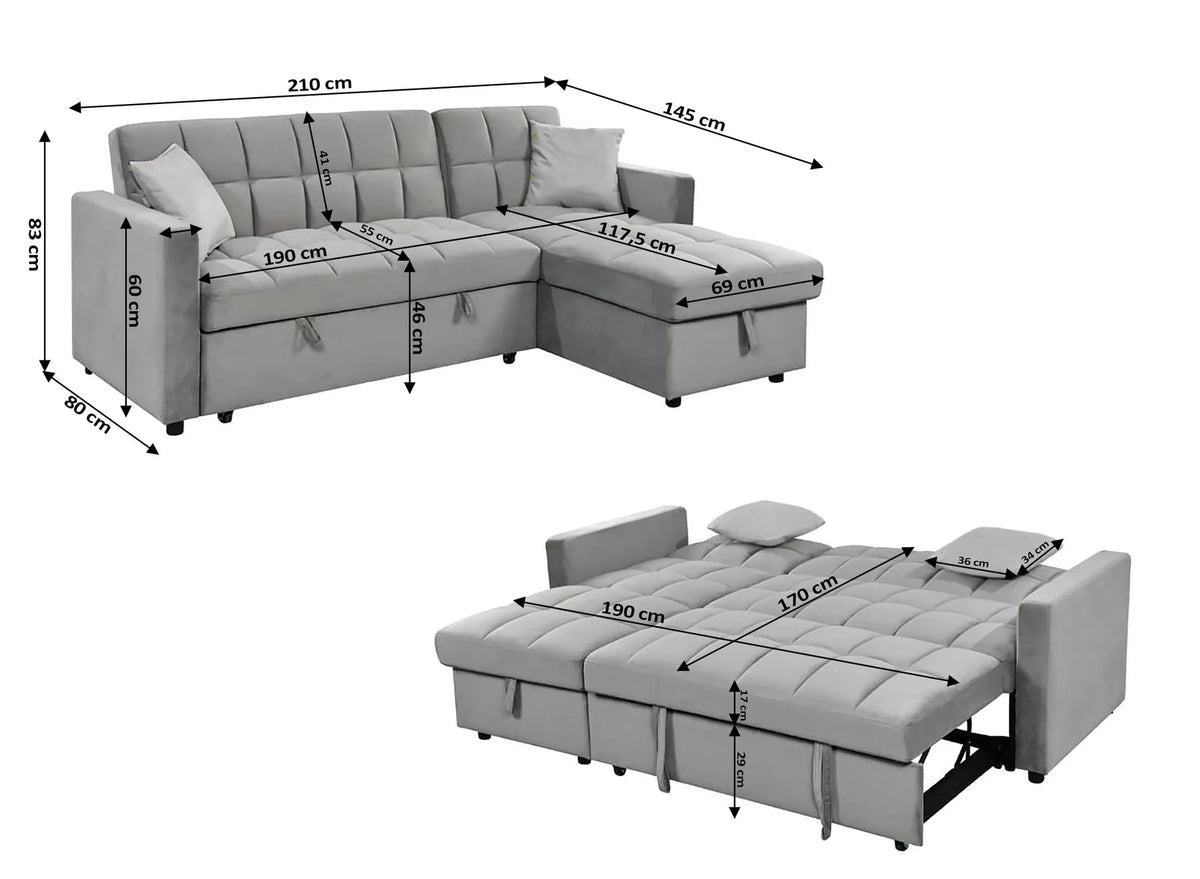 Esquema de medidas del sofá cama chaise longue Kris