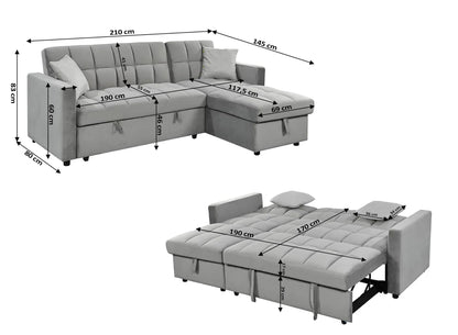 Esquema de medidas del sofá cama chaise longue Kris