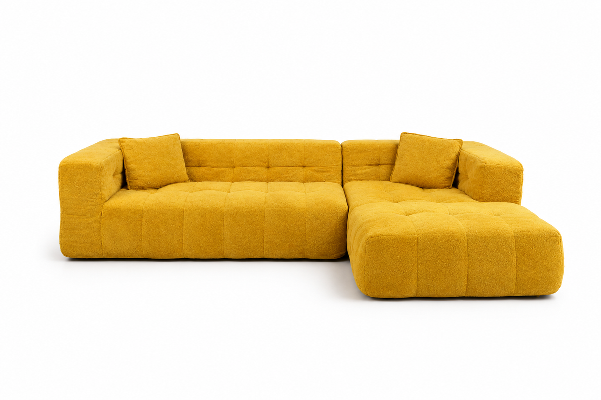 Sofá modular MIKO mostaza con chaise longue a la derecha mirando de frente