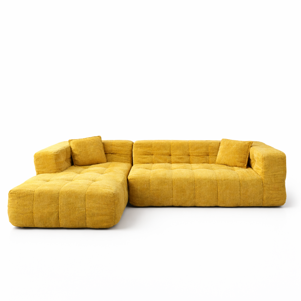 Sofá modular MIKO mostaza con chaise longue a la izquierda mirando de frente