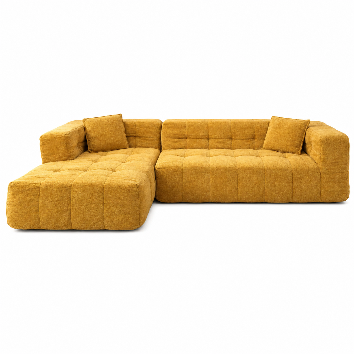 Vista frontal del sofá modular MIKO mostaza